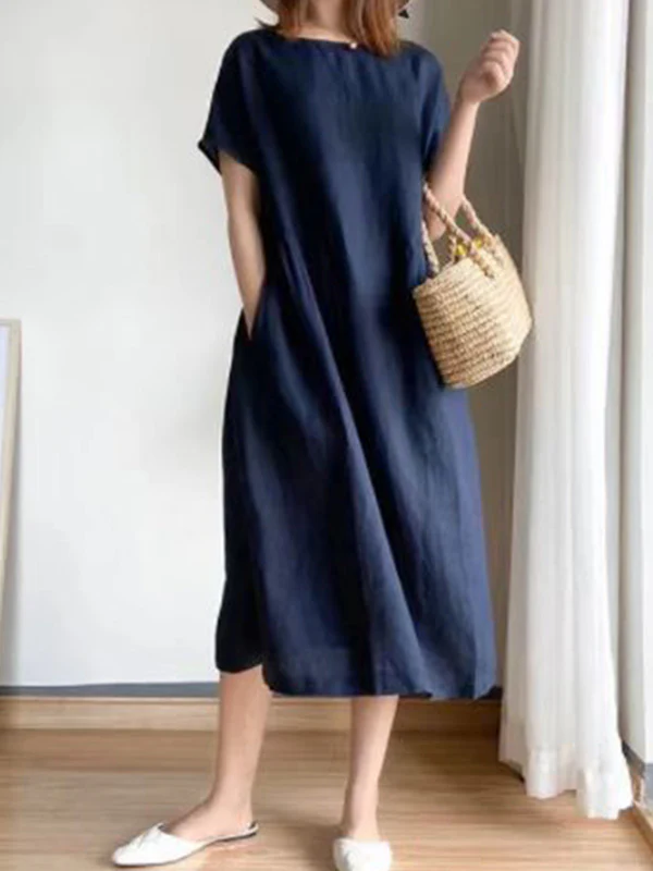 Casual Loose Solid Color Round-Neck Midi Dresses - Image 8
