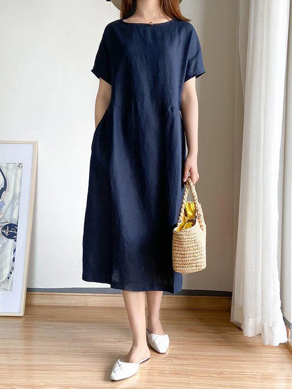 Casual Loose Solid Color Round-Neck Midi Dresses - Image 9