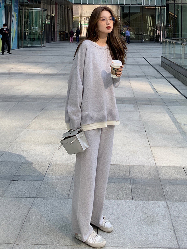 Casual Loose Solid Color Round-Neck Sweater Tops & Wide Leg Pants Suits - Image 2