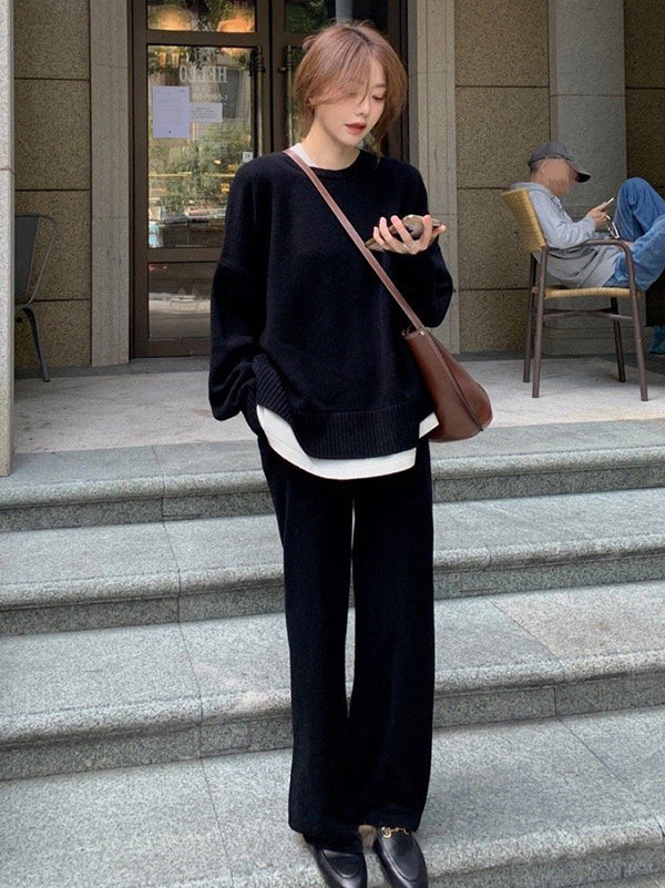 Casual Loose Solid Color Round-Neck Sweater Tops & Wide Leg Pants Suits - Image 3