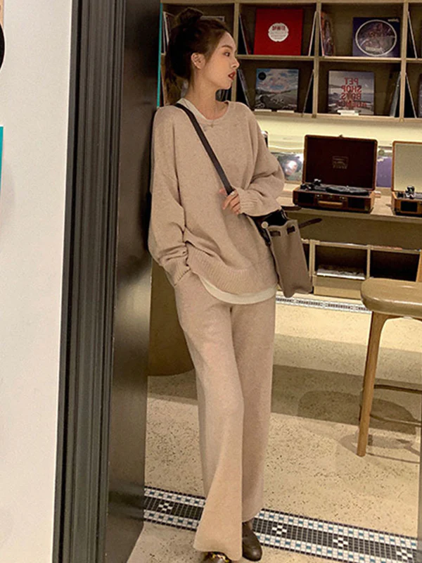 Casual Loose Solid Color Round-Neck Sweater Tops & Wide Leg Pants Suits - Image 4