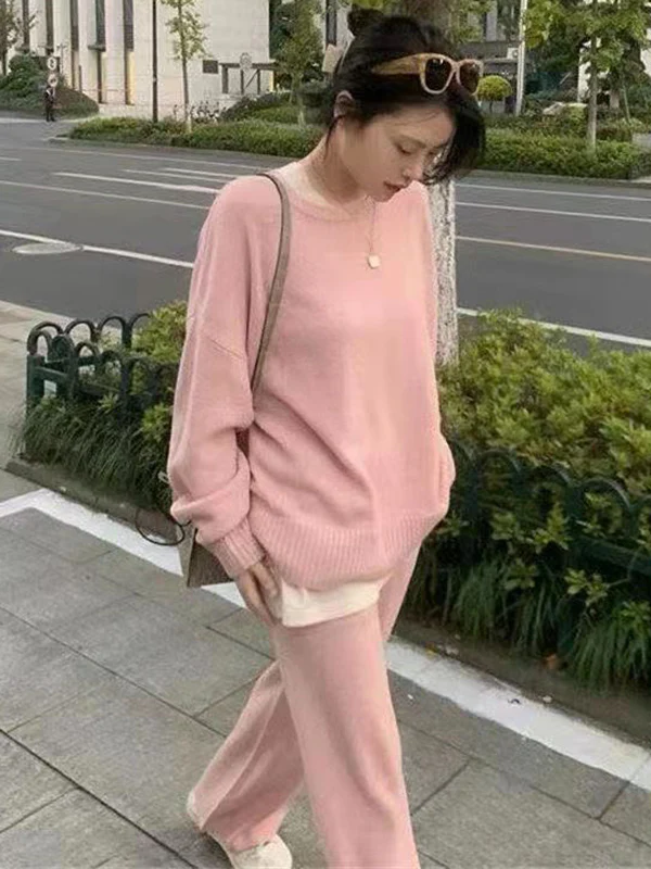 Casual Loose Solid Color Round-Neck Sweater Tops & Wide Leg Pants Suits - Image 5