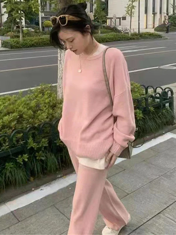 Casual Loose Solid Color Round-Neck Sweater Tops & Wide Leg Pants Suits - Image 6