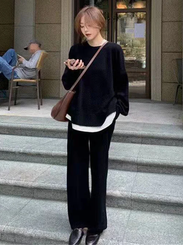Casual Loose Solid Color Round-Neck Sweater Tops & Wide Leg Pants Suits - Image 7