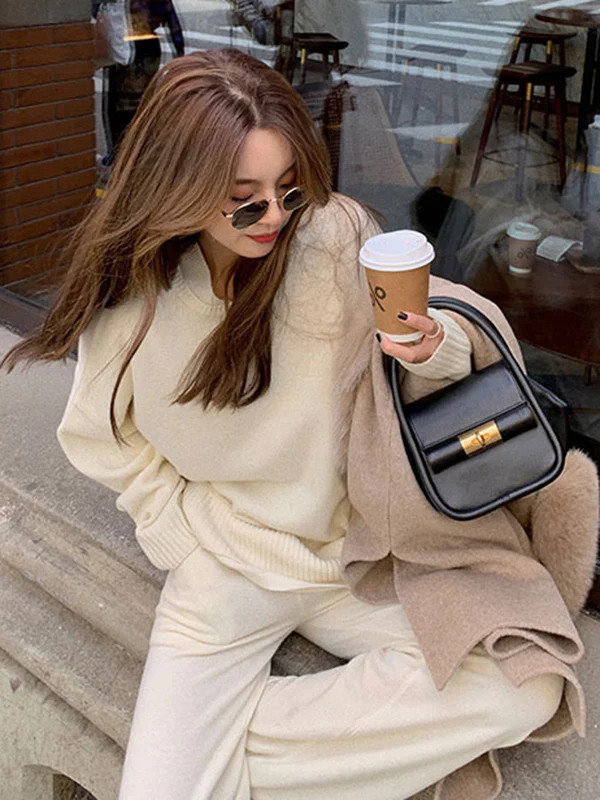 Casual Loose Solid Color Round-Neck Sweater Tops & Wide Leg Pants Suits - Image 8