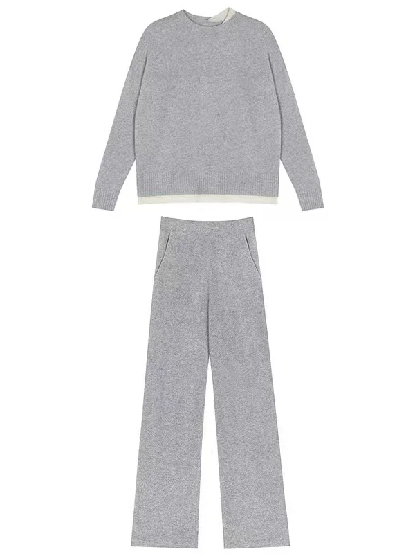 Casual Loose Solid Color Round-Neck Sweater Tops & Wide Leg Pants Suits - Image 9