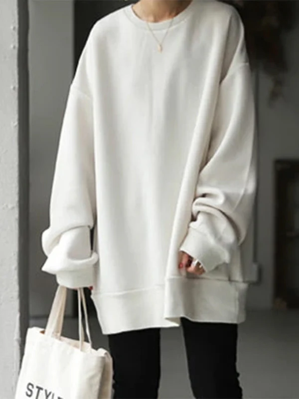 Casual Loose Solid Color Round-Neck Sweatshirt Top - Image 5