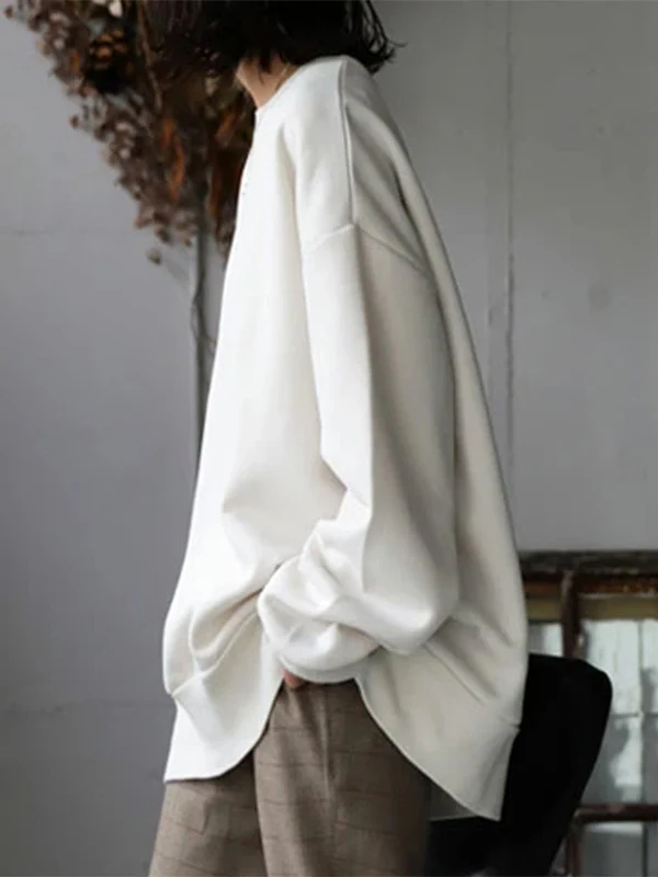 Casual Loose Solid Color Round-Neck Sweatshirt Top - Image 7
