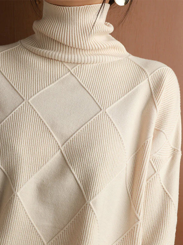 Casual Loose Solid Color Striped High-Neck Long Sleeves Sweater Tops - Image 10