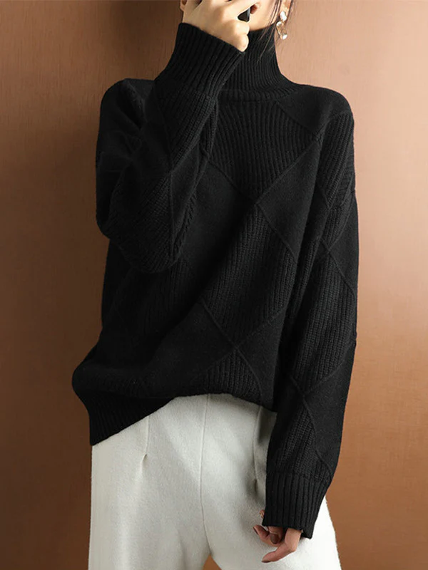 Casual Loose Solid Color Striped High-Neck Long Sleeves Sweater Tops - Image 2