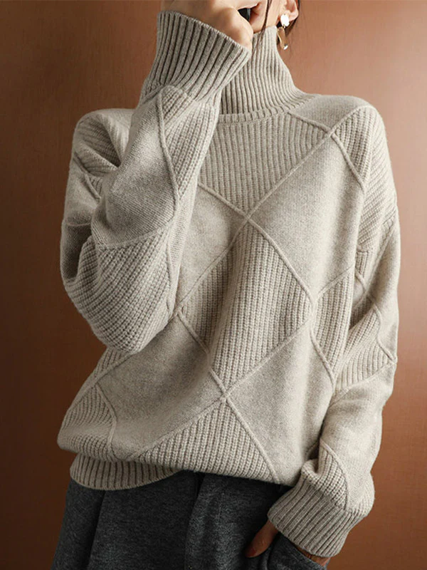 Casual Loose Solid Color Striped High-Neck Long Sleeves Sweater Tops - Image 3