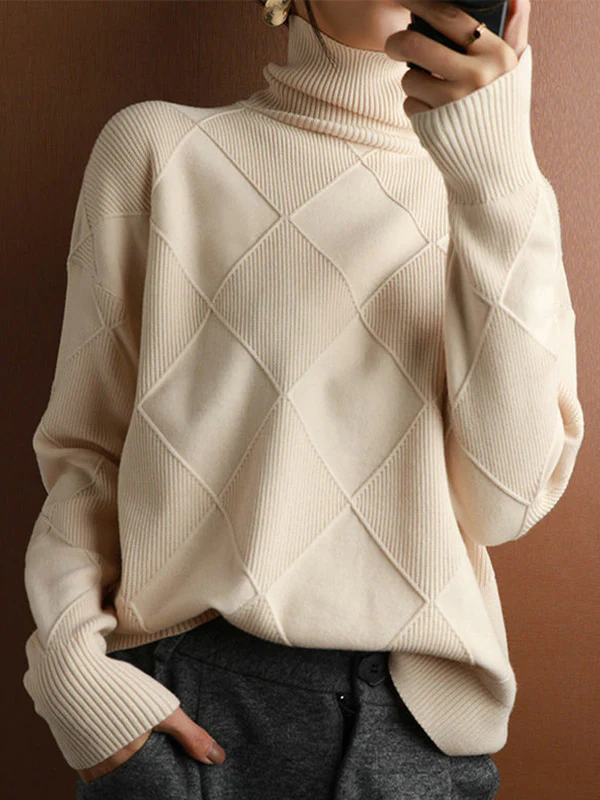 Casual Loose Solid Color Striped High-Neck Long Sleeves Sweater Tops - Image 4