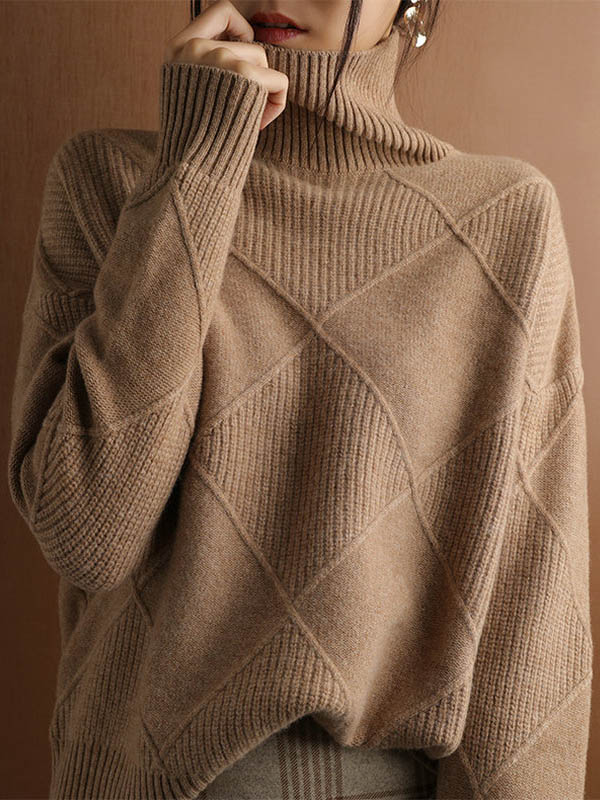 Casual Loose Solid Color Striped High-Neck Long Sleeves Sweater Tops - Image 5