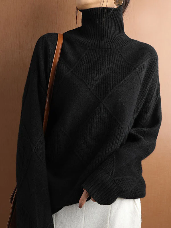 Casual Loose Solid Color Striped High-Neck Long Sleeves Sweater Tops - Image 6