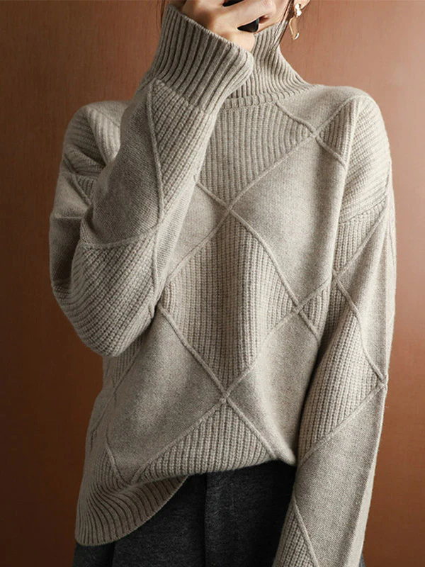 Casual Loose Solid Color Striped High-Neck Long Sleeves Sweater Tops - Image 7