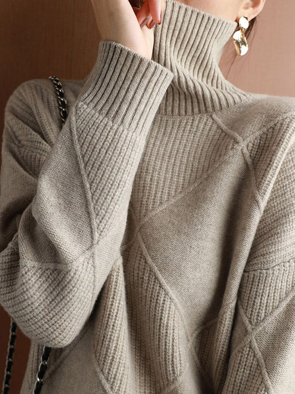 Casual Loose Solid Color Striped High-Neck Long Sleeves Sweater Tops - Image 8