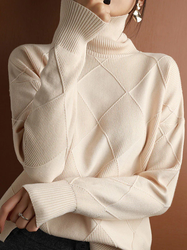 Casual Loose Solid Color Striped High-Neck Long Sleeves Sweater Tops - Image 9