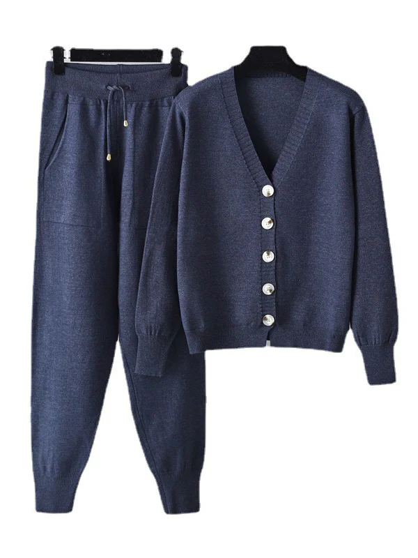 Casual Loose Solid Color V-Neck Cardigan Tops & Harem Pants Two Pieces Set - Image 11