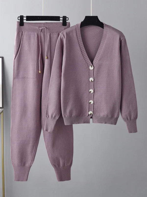Casual Loose Solid Color V-Neck Cardigan Tops & Harem Pants Two Pieces Set - Image 2