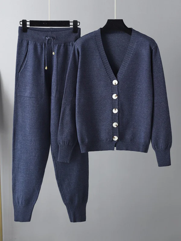 Casual Loose Solid Color V-Neck Cardigan Tops & Harem Pants Two Pieces Set - Image 3