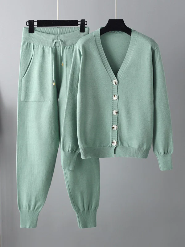 Casual Loose Solid Color V-Neck Cardigan Tops & Harem Pants Two Pieces Set - Image 4
