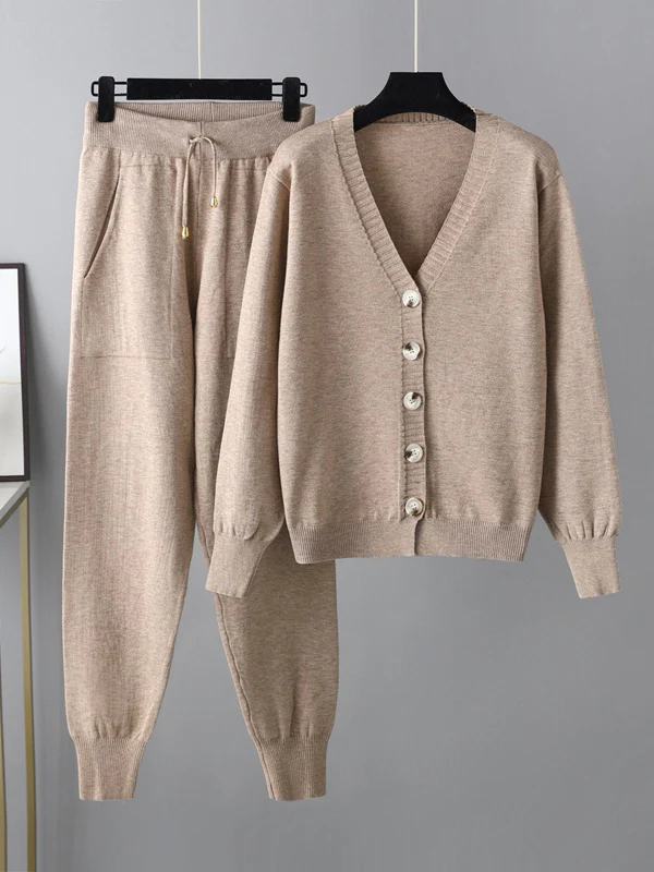 Casual Loose Solid Color V-Neck Cardigan Tops & Harem Pants Two Pieces Set - Image 5