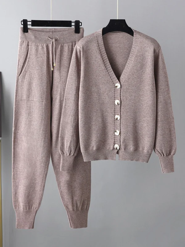 Casual Loose Solid Color V-Neck Cardigan Tops & Harem Pants Two Pieces Set - Image 6