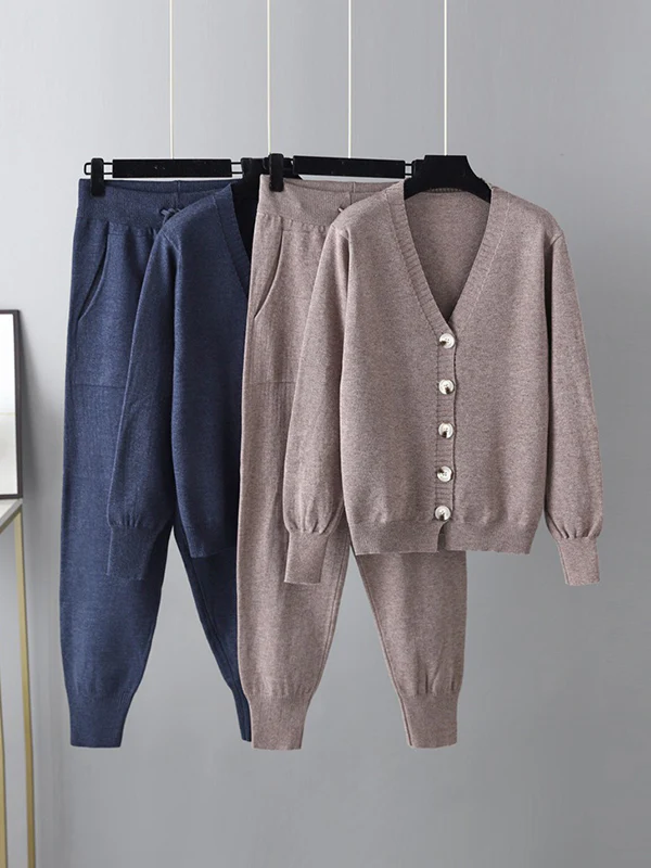 Casual Loose Solid Color V-Neck Cardigan Tops & Harem Pants Two Pieces Set - Image 7