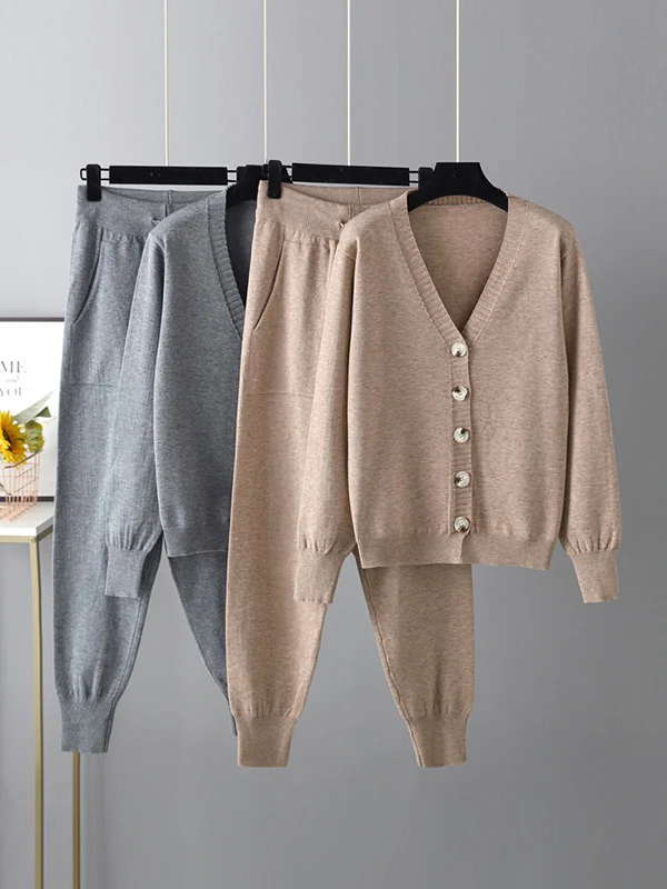 Casual Loose Solid Color V-Neck Cardigan Tops & Harem Pants Two Pieces Set - Image 8