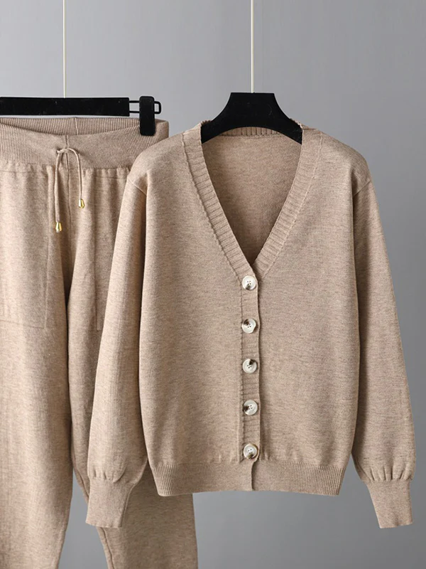 Casual Loose Solid Color V-Neck Cardigan Tops & Harem Pants Two Pieces Set - Image 9