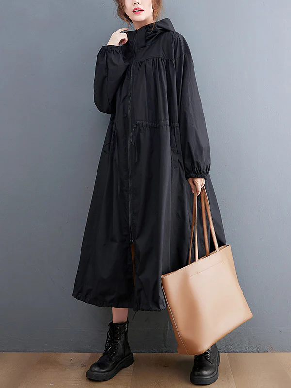 Casual Loose Solid Color Zipper Drawstring Long Sleeves Hooded Trench Coat - Image 10