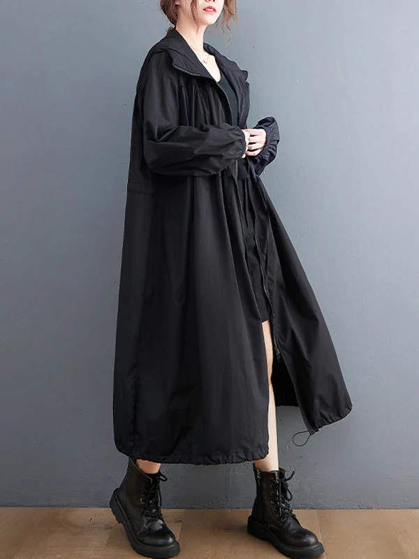 Casual Loose Solid Color Zipper Drawstring Long Sleeves Hooded Trench Coat - Image 11