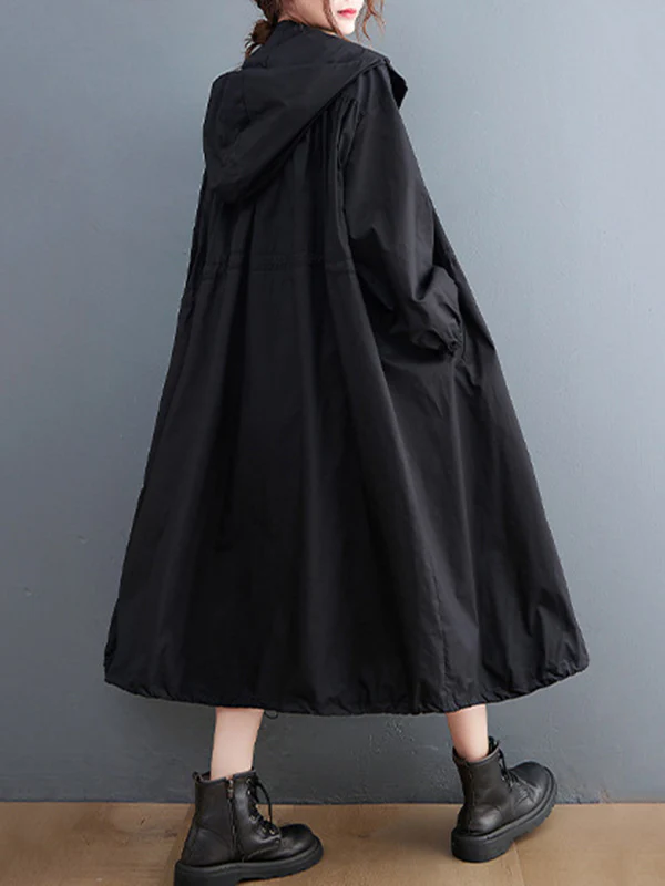 Casual Loose Solid Color Zipper Drawstring Long Sleeves Hooded Trench Coat - Image 12