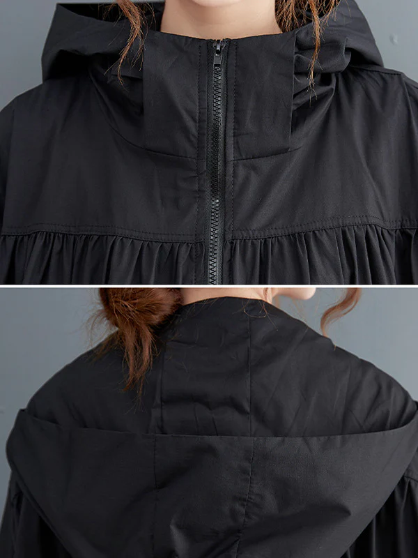 Casual Loose Solid Color Zipper Drawstring Long Sleeves Hooded Trench Coat - Image 13