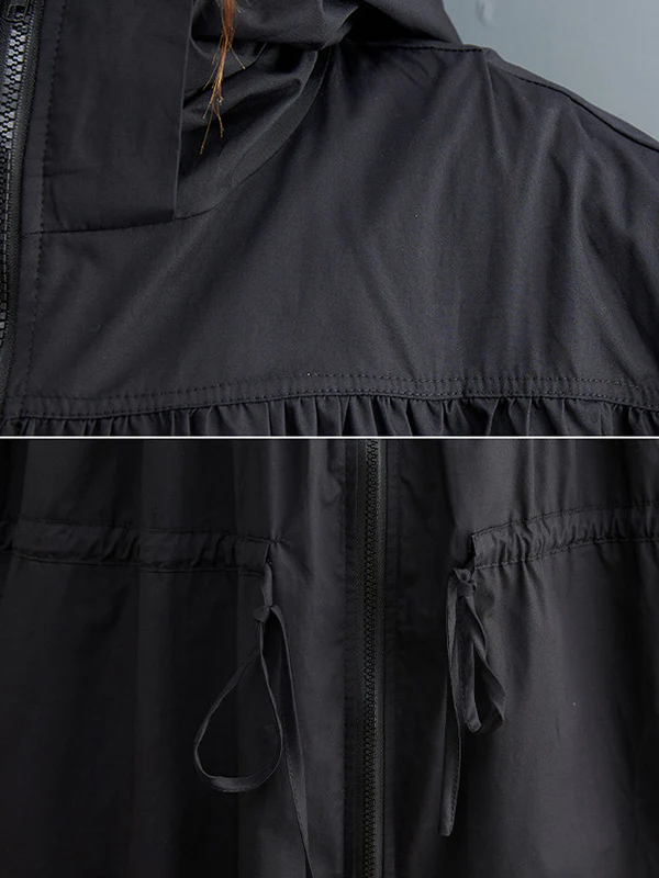 Casual Loose Solid Color Zipper Drawstring Long Sleeves Hooded Trench Coat - Image 14