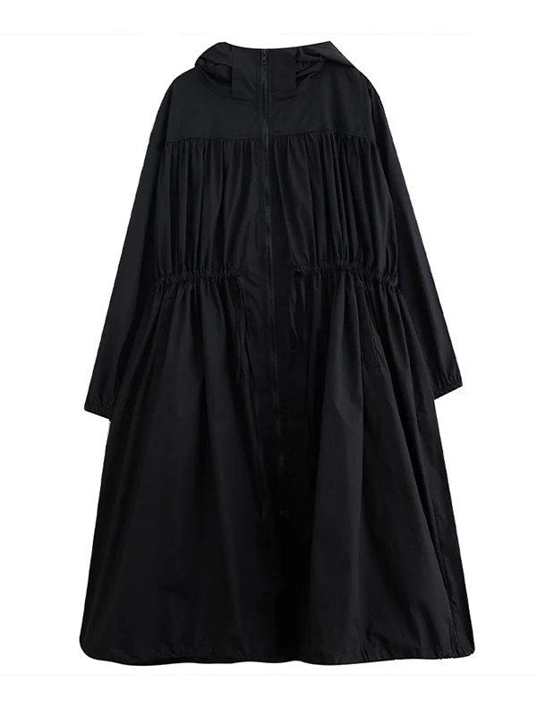 Casual Loose Solid Color Zipper Drawstring Long Sleeves Hooded Trench Coat - Image 17