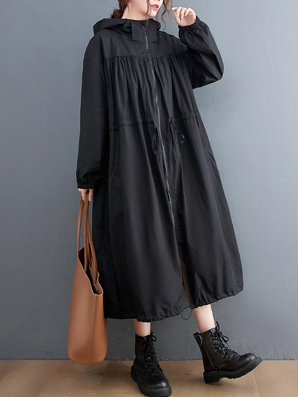 Casual Loose Solid Color Zipper Drawstring Long Sleeves Hooded Trench Coat - Image 2