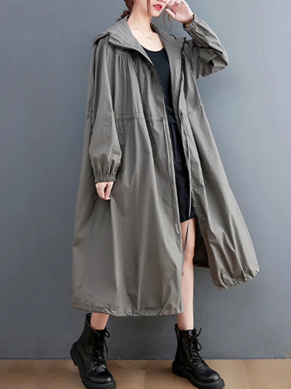 Casual Loose Solid Color Zipper Drawstring Long Sleeves Hooded Trench Coat - Image 3