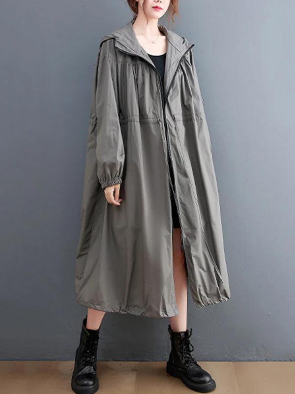 Casual Loose Solid Color Zipper Drawstring Long Sleeves Hooded Trench Coat - Image 4