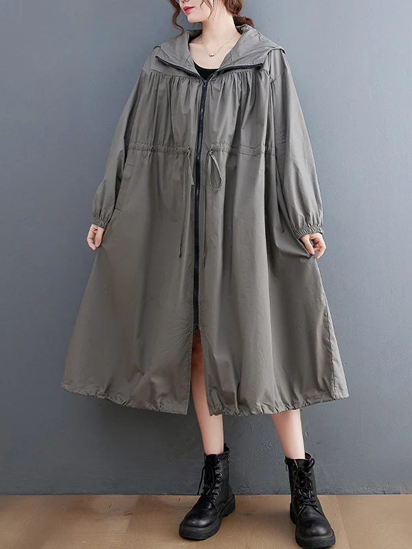 Casual Loose Solid Color Zipper Drawstring Long Sleeves Hooded Trench Coat - Image 5