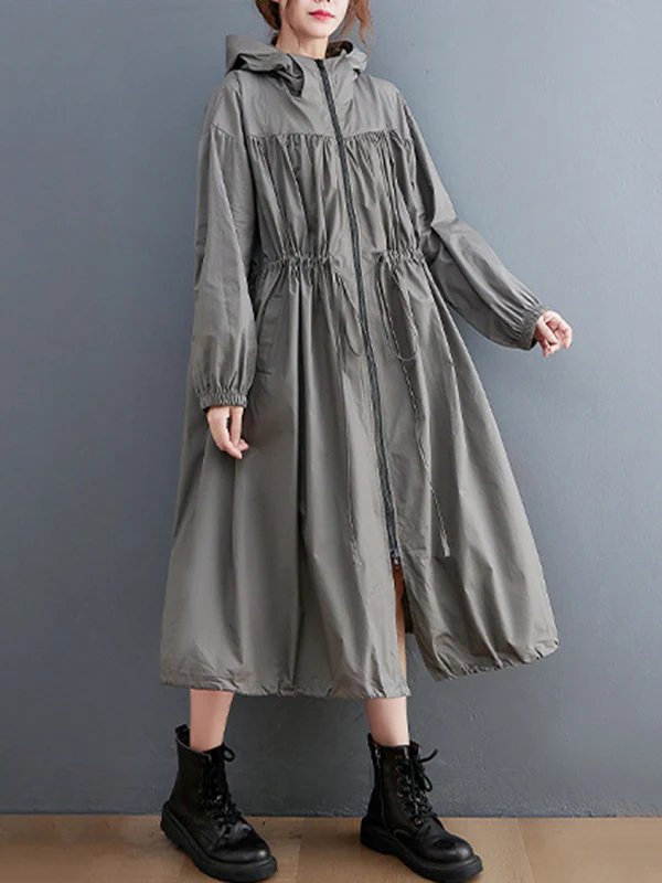 Casual Loose Solid Color Zipper Drawstring Long Sleeves Hooded Trench Coat - Image 6