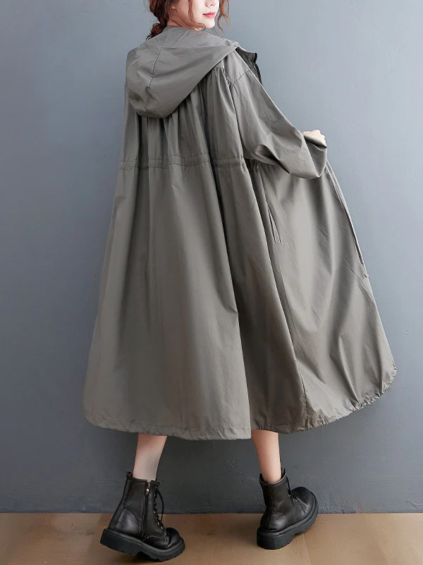 Casual Loose Solid Color Zipper Drawstring Long Sleeves Hooded Trench Coat - Image 7