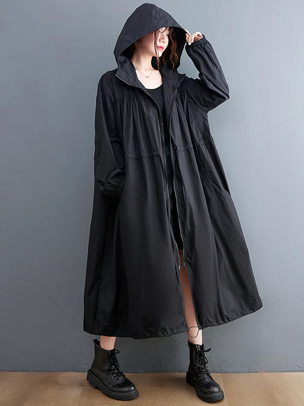 Casual Loose Solid Color Zipper Drawstring Long Sleeves Hooded Trench Coat - Image 8