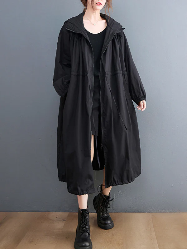 Casual Loose Solid Color Zipper Drawstring Long Sleeves Hooded Trench Coat - Image 9