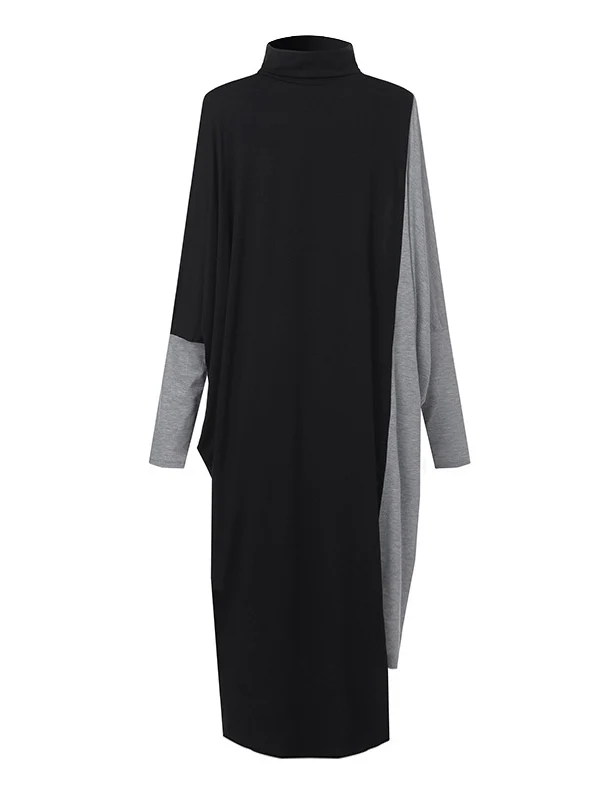 Casual Loose Split-Joint Contrast Color High-Neck Long Sleeves Dress - Image 10