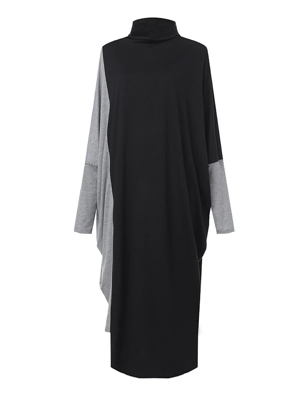 Casual Loose Split-Joint Contrast Color High-Neck Long Sleeves Dress - Image 11