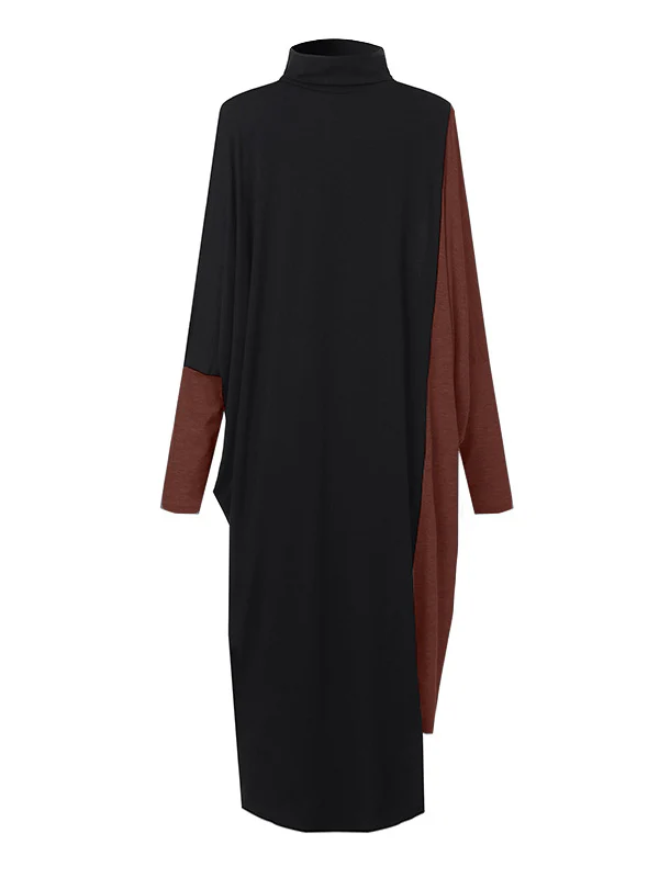 Casual Loose Split-Joint Contrast Color High-Neck Long Sleeves Dress - Image 12