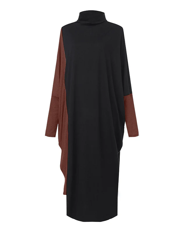 Casual Loose Split-Joint Contrast Color High-Neck Long Sleeves Dress - Image 13