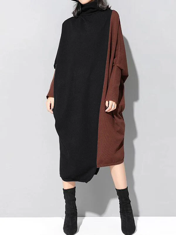 Casual Loose Split-Joint Contrast Color High-Neck Long Sleeves Dress - Image 2