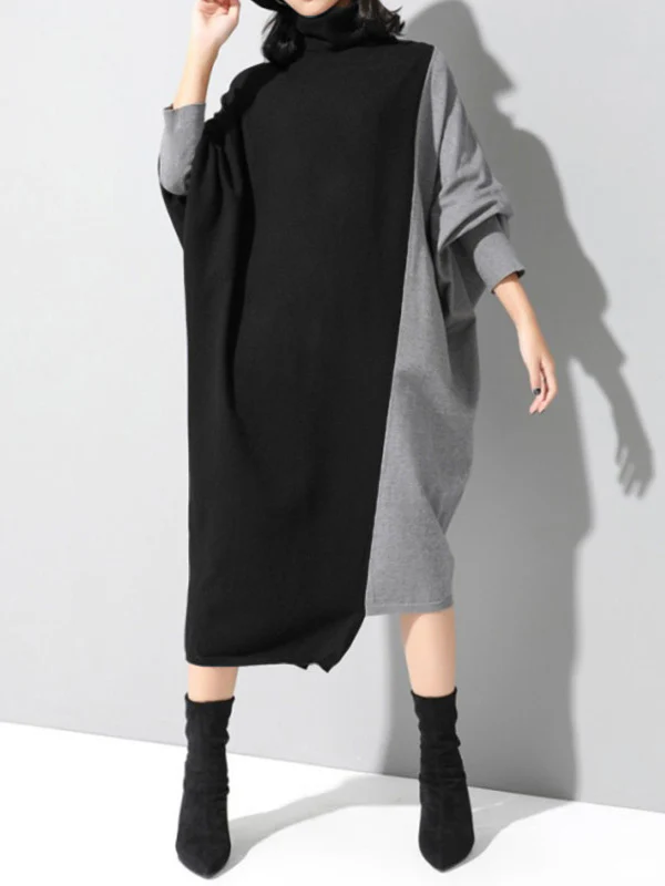 Casual Loose Split-Joint Contrast Color High-Neck Long Sleeves Dress - Image 3